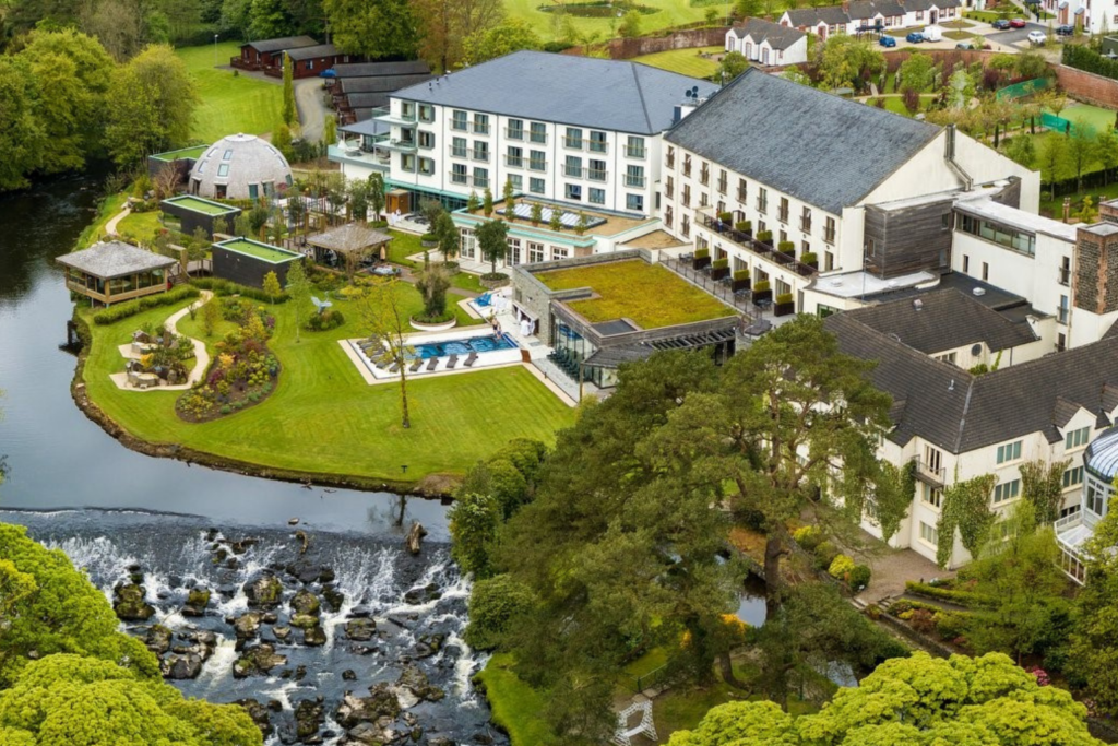 An aerial view of the entire Galgorm Spa and Golf Resort grounds