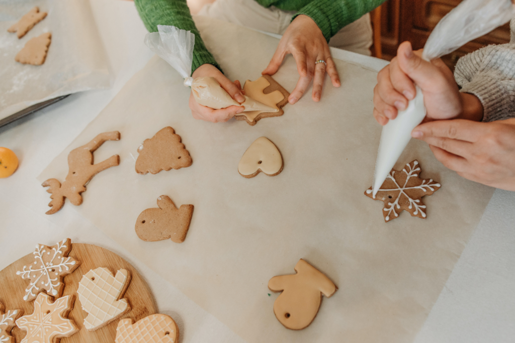 Festive cookies being decorated