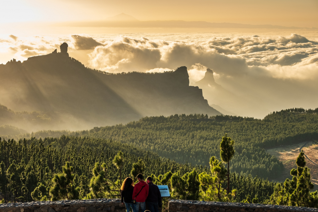 A group overlooking a landscape view in the clouds