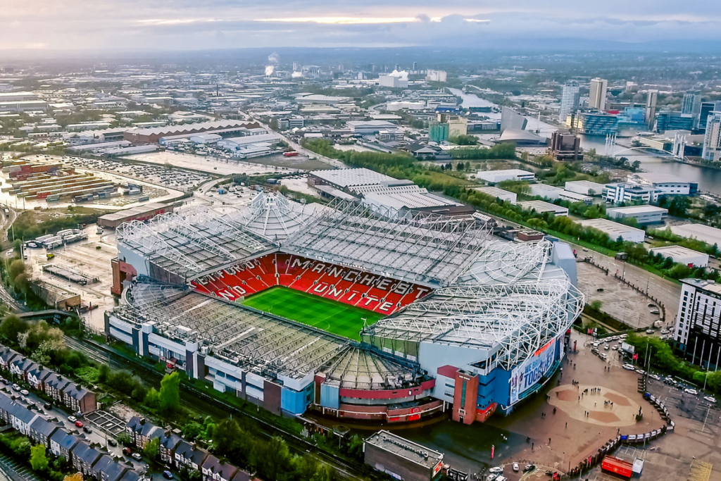 An aerial view of Old Trafford, Premier League team Manchester United's home ground