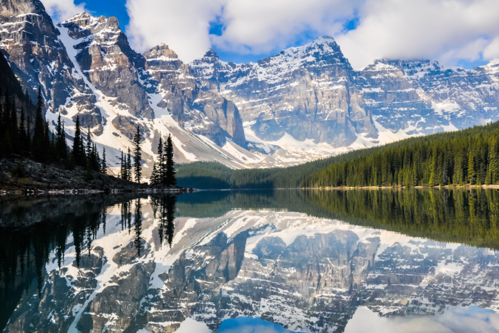 The Rocky Mountains reflected in a mirror lake