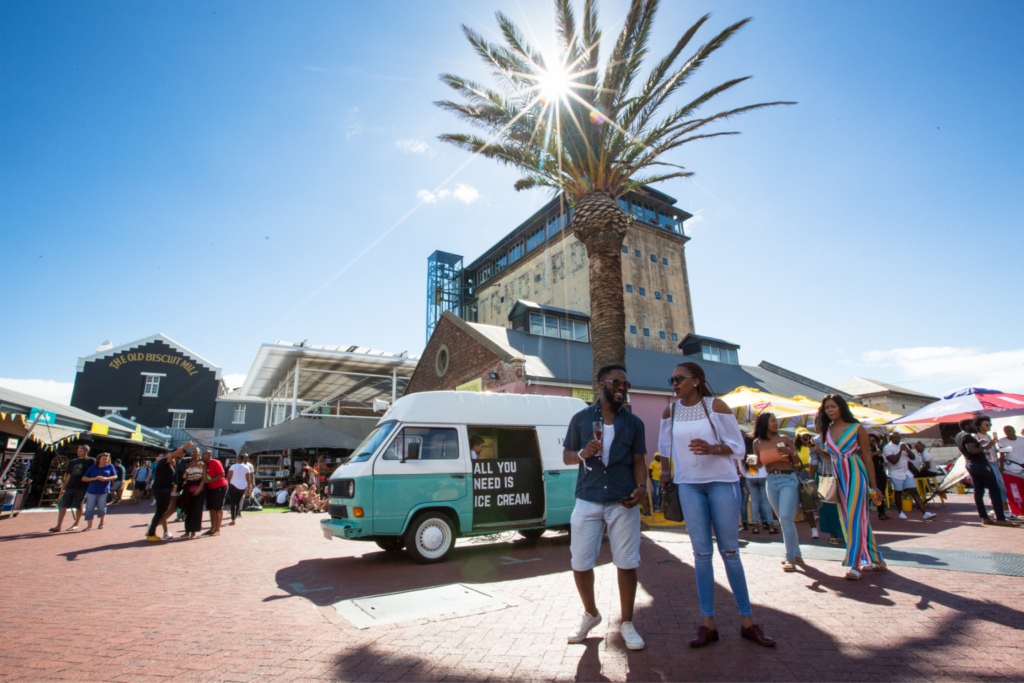 A market at The Old Biscuit Mill Complex on a sunny day