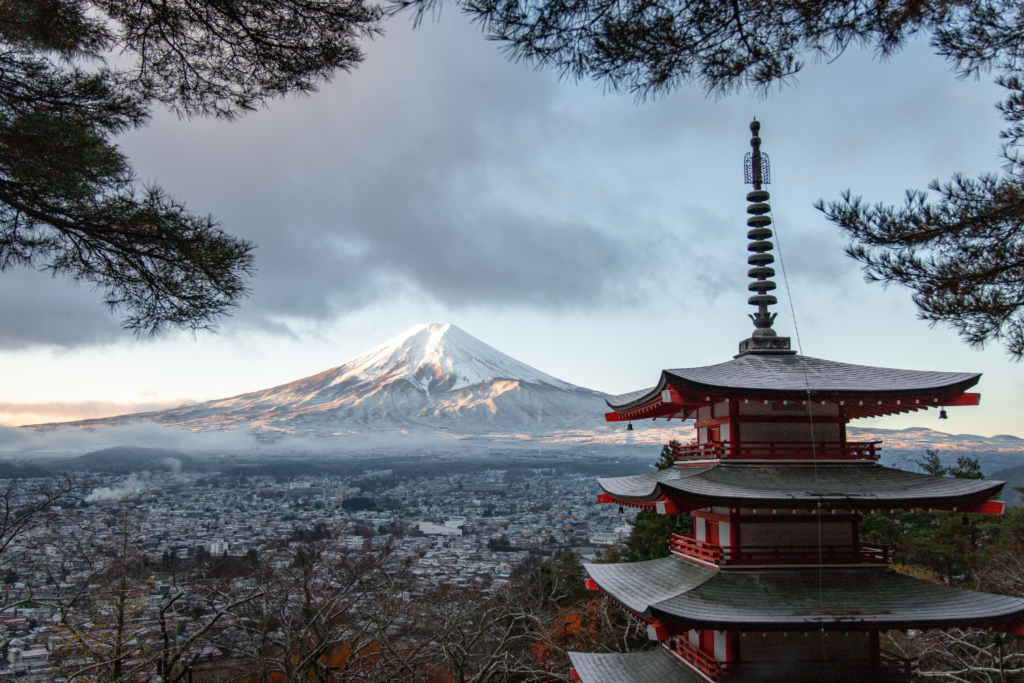 Travel inspiration: a view of Tokyo featuring a pagoda and Mount Fuji