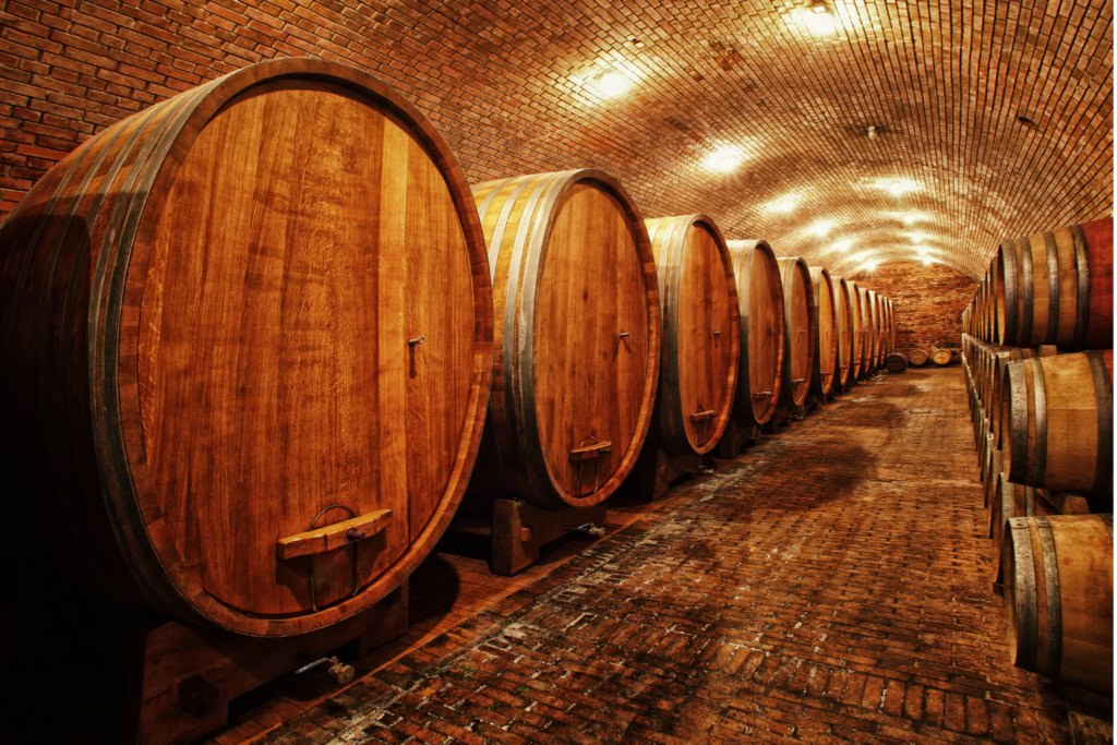 An underground cellar with wine bottles