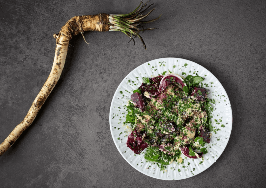 Charlie Hibbert's Bavette, beetroot, horseradish, and radicchio dish